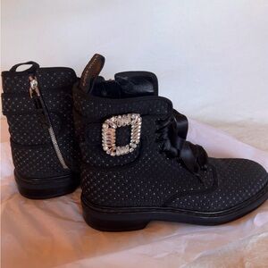 Roger Vivier Black Studded Combat authentic with silver zipper.